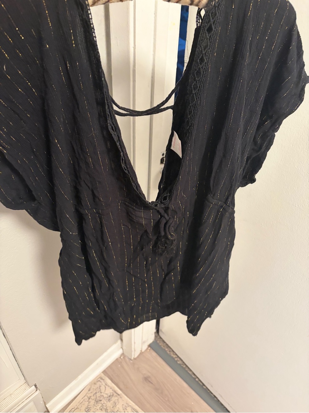 Xhilaration Black Metallic Stripe Tassel V-Neck Swim Cover Up Size L